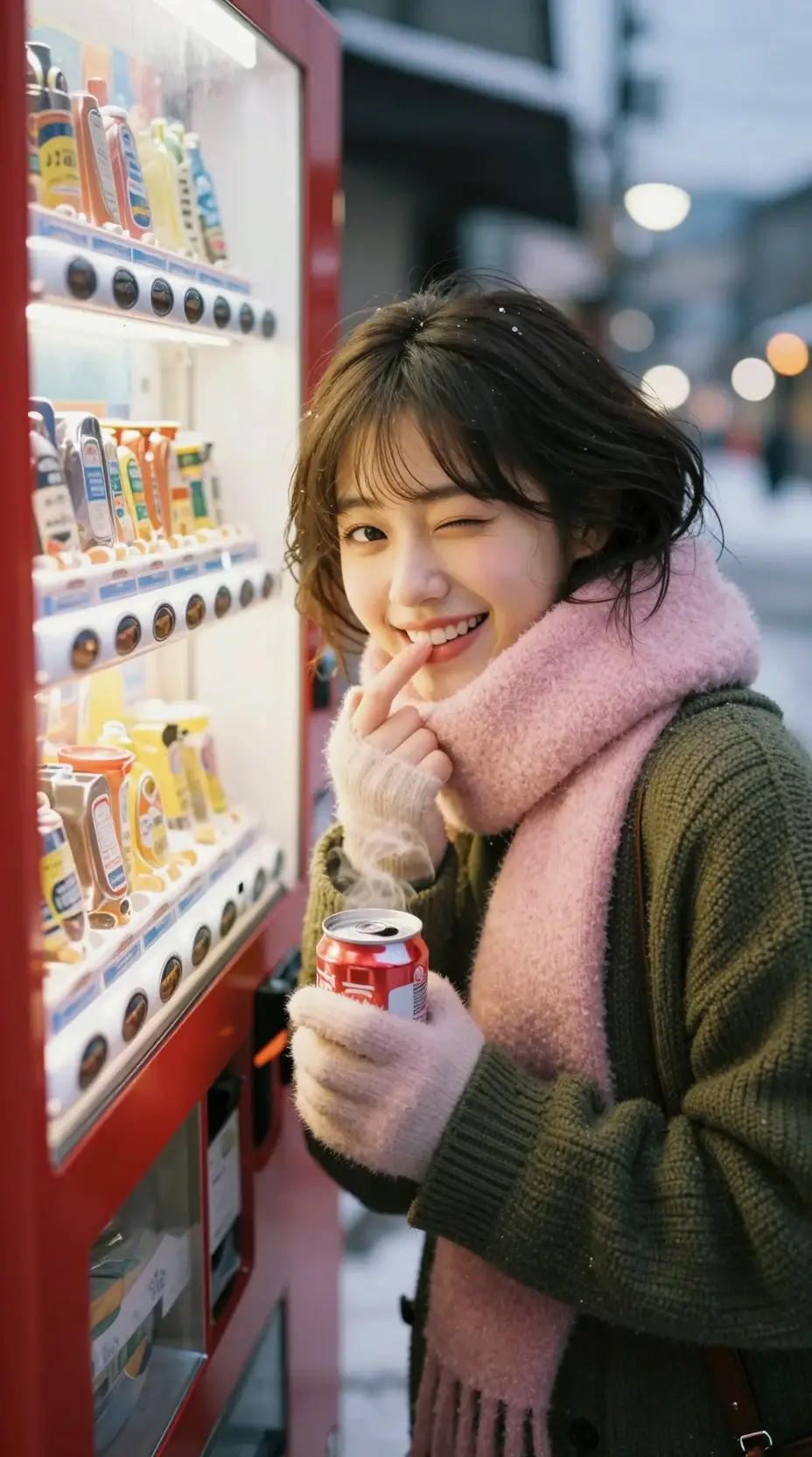 Japanese girl close up by red vending machine at night