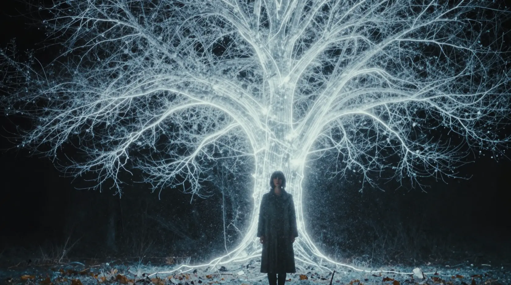 Woman framed by a glowing spectral tree of memory