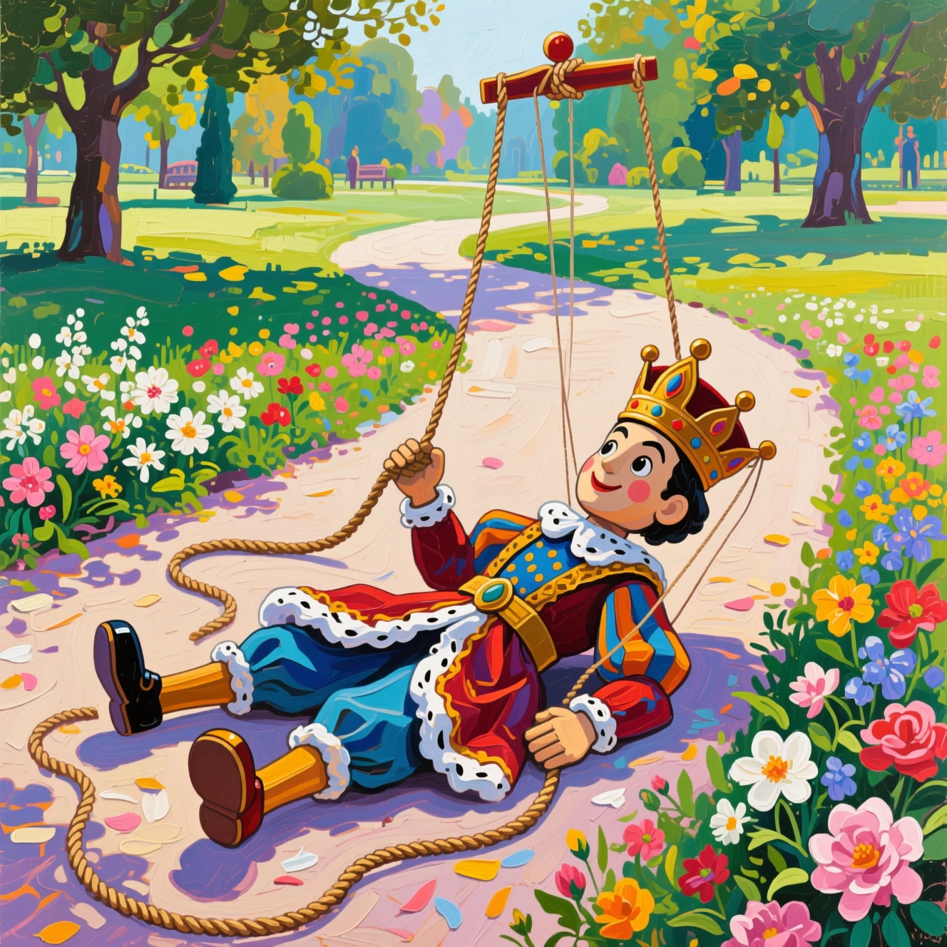 Pintura al óleo abstracta de una marioneta real en un parque florecido