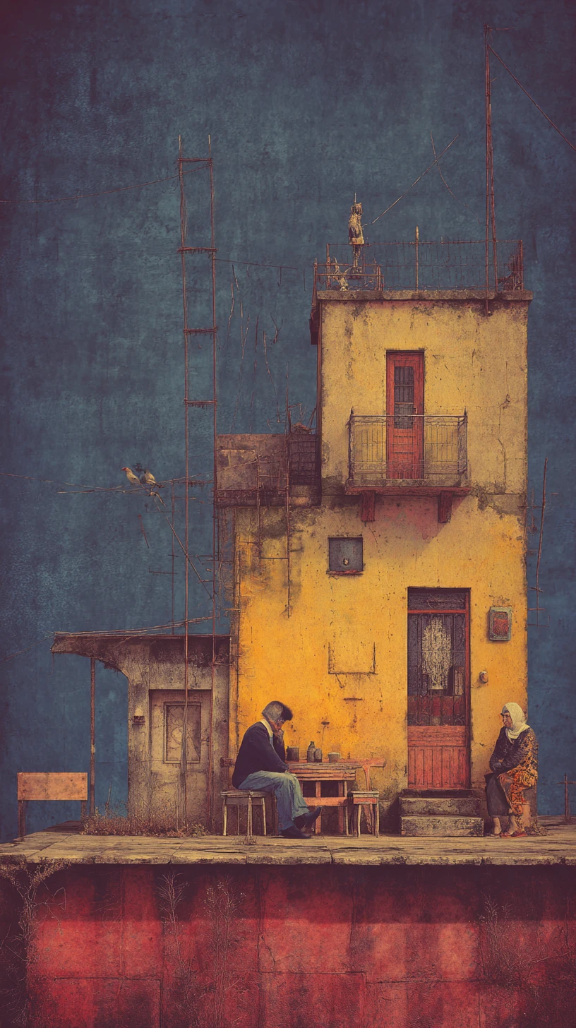 Surreal painting of a loving couple in an abstract diorama