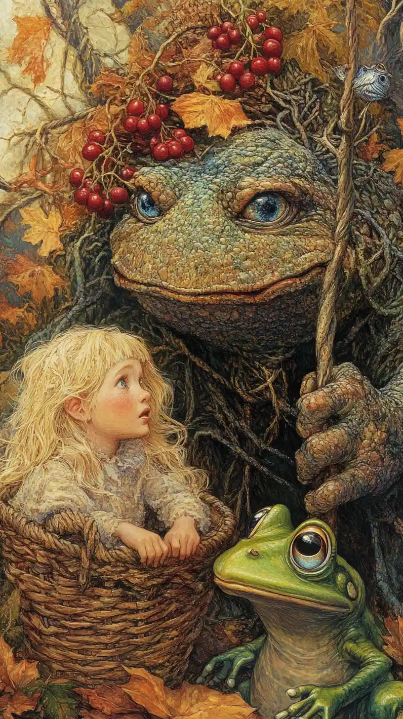 Little girl in a basket facing ancient forest spirits