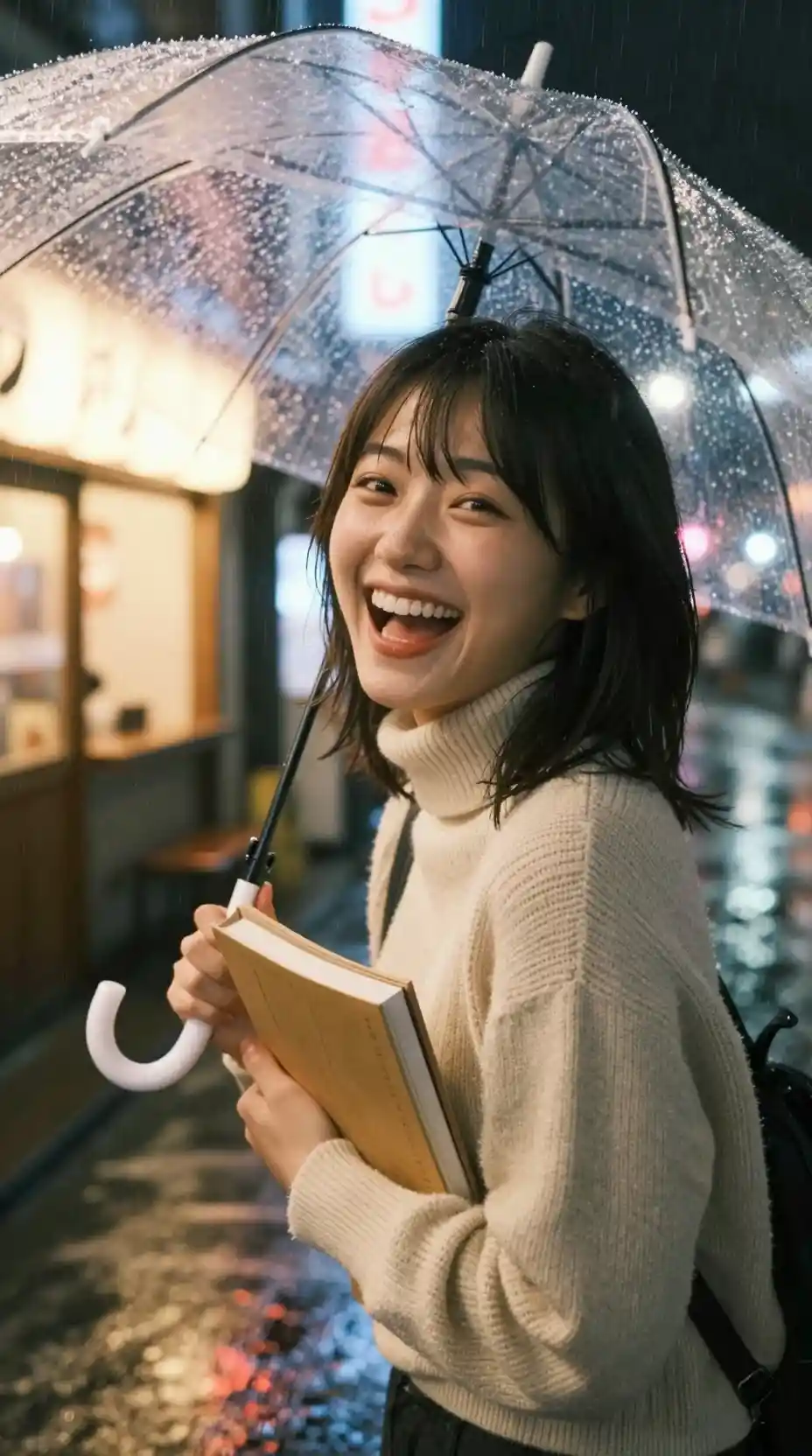 Laughing woman under umbrella outside neon lit sushi bar