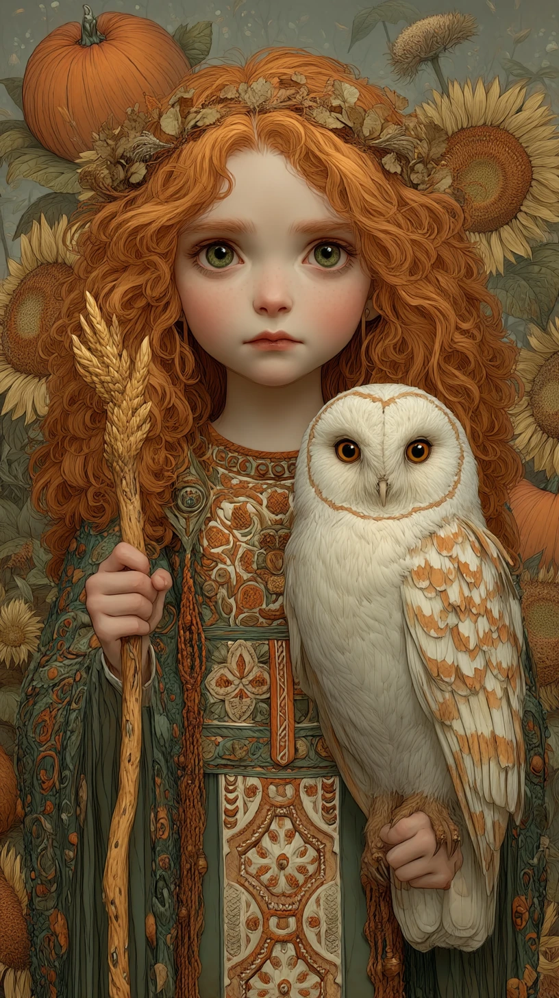 Young autumn witch with owl in a misty meadow