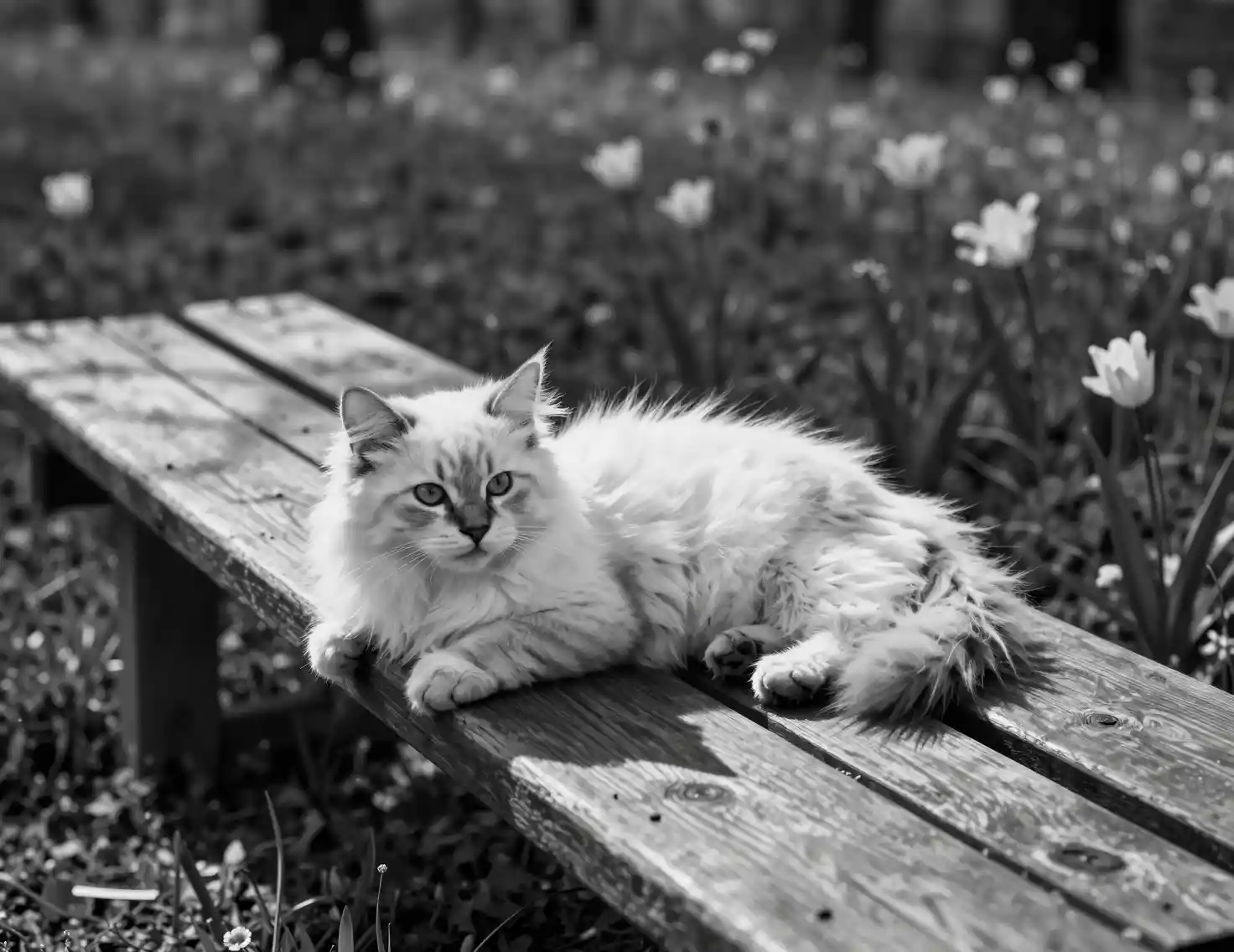 White kitten resting on a wooden bench in spring flowers