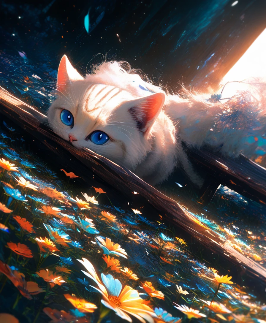 White kitten resting on a wooden bench in spring flowers