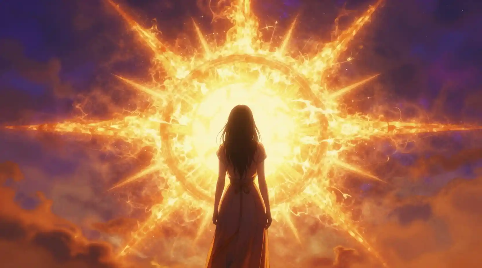 Woman in blinding backlight with intense fiery colors