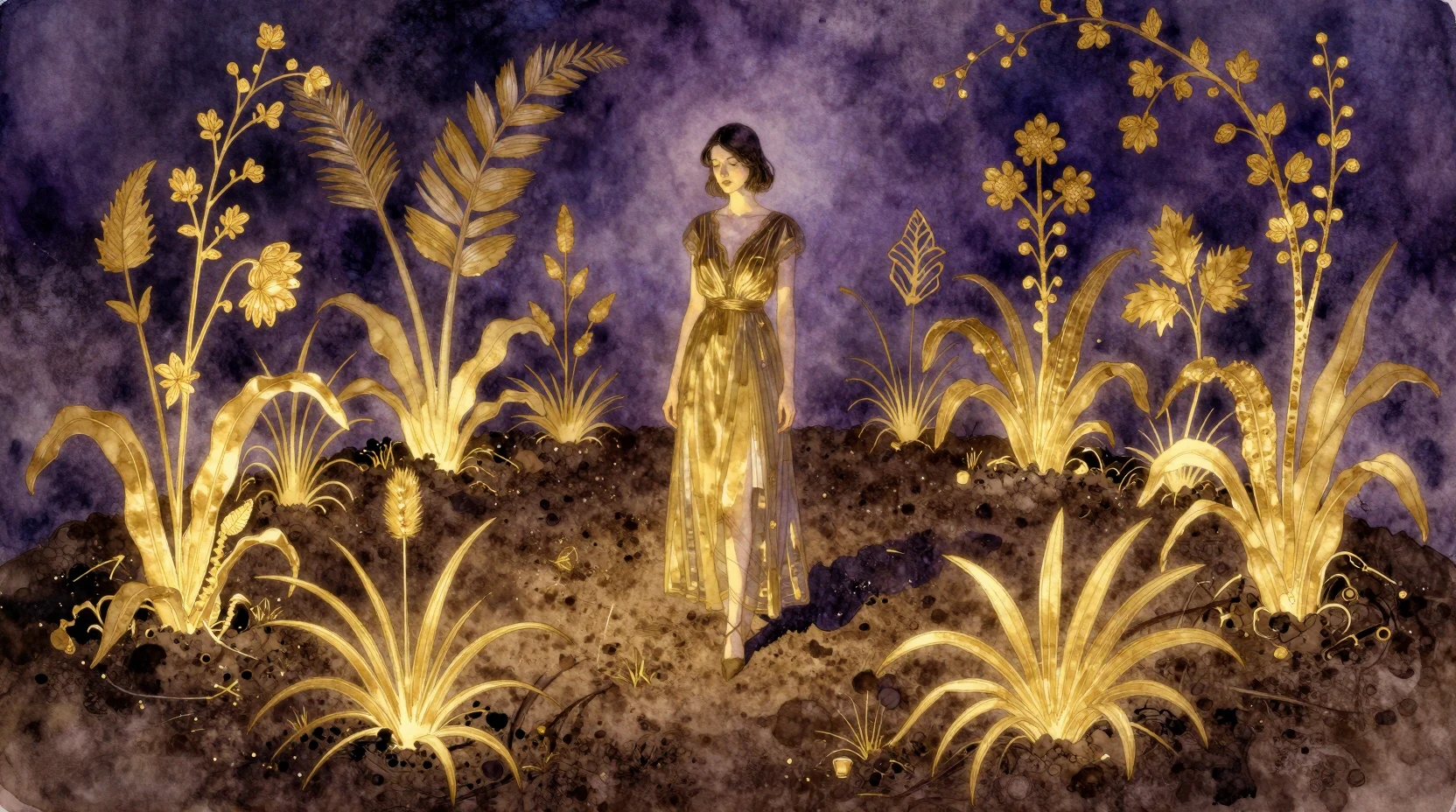Woman In Surreal Garden Of Glowing Soil And Plant Outlines