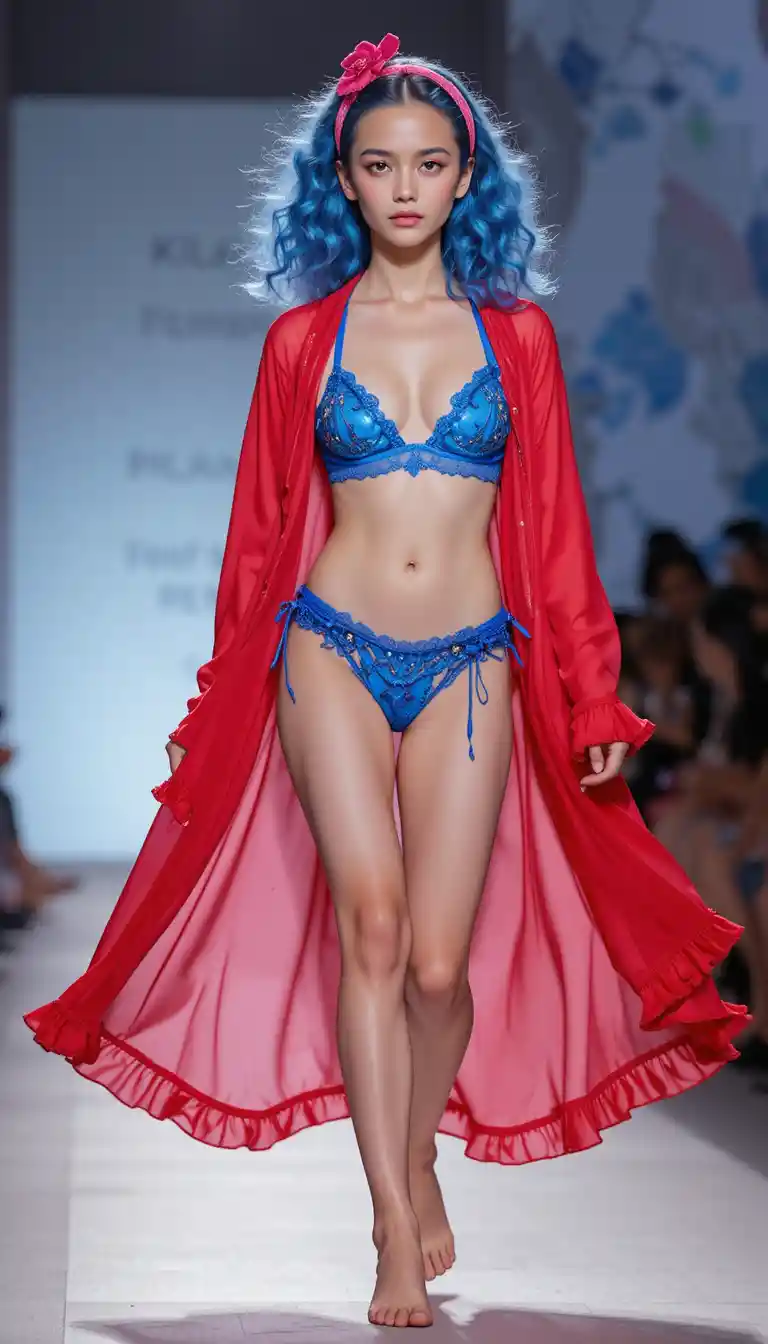 Young girl in blue lingerie on summer fashion runway