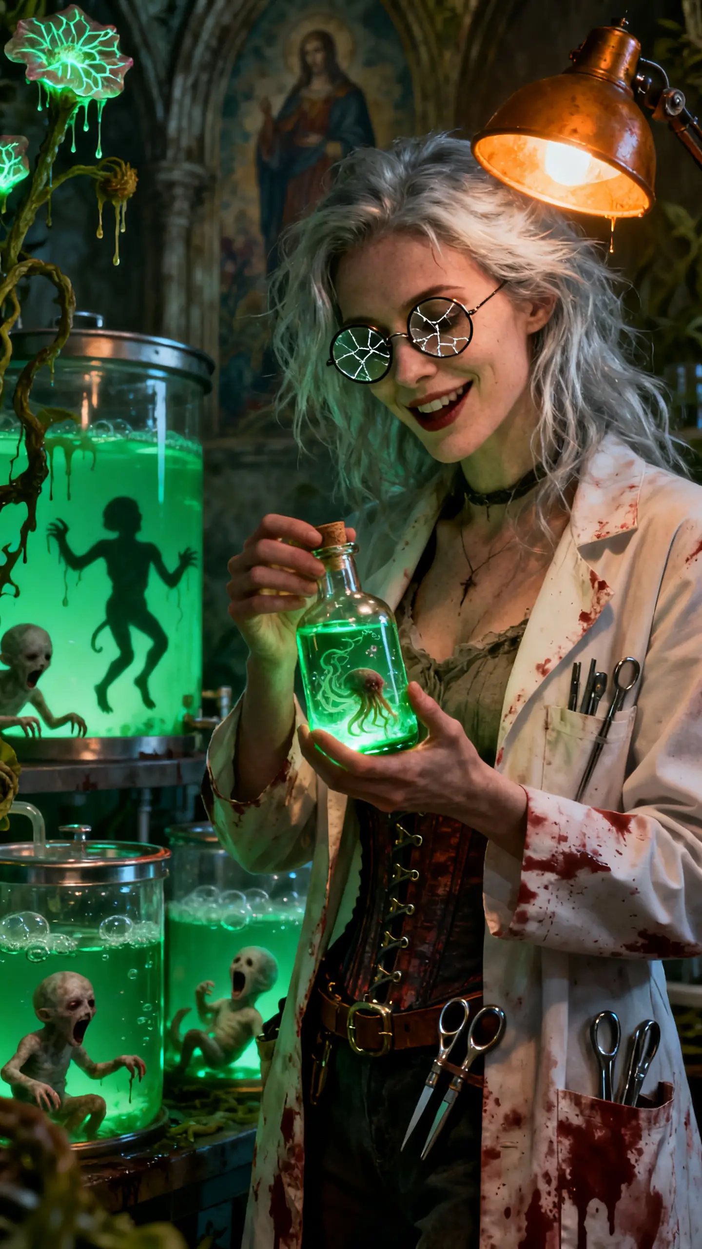 Scienziato pazzo in un laboratorio mostruoso e luminoso