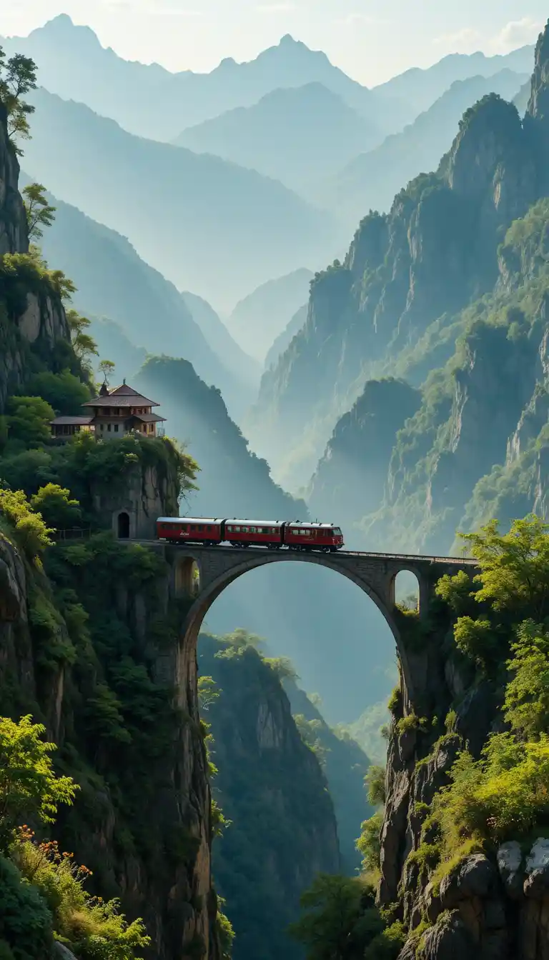 Treno rosso d’epoca su un alto ponte di pietra in montagna