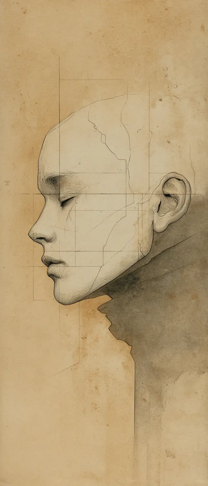 Surreal profile portrait of a sleeping person with exposed skull schematics
