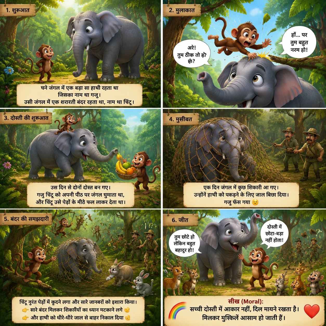 Gentle elephant and playful monkey meet in a dense forest