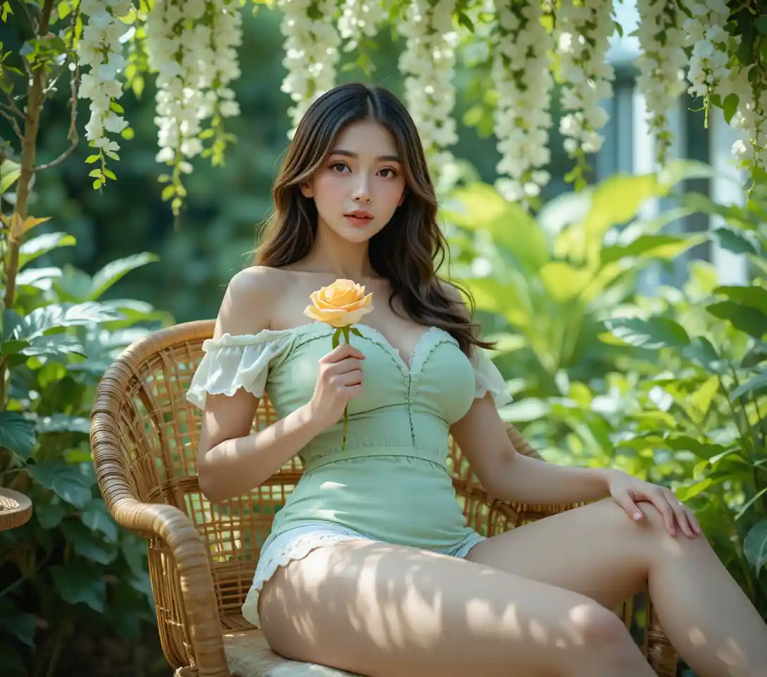 Young woman in pastel dress reclining in garden chair