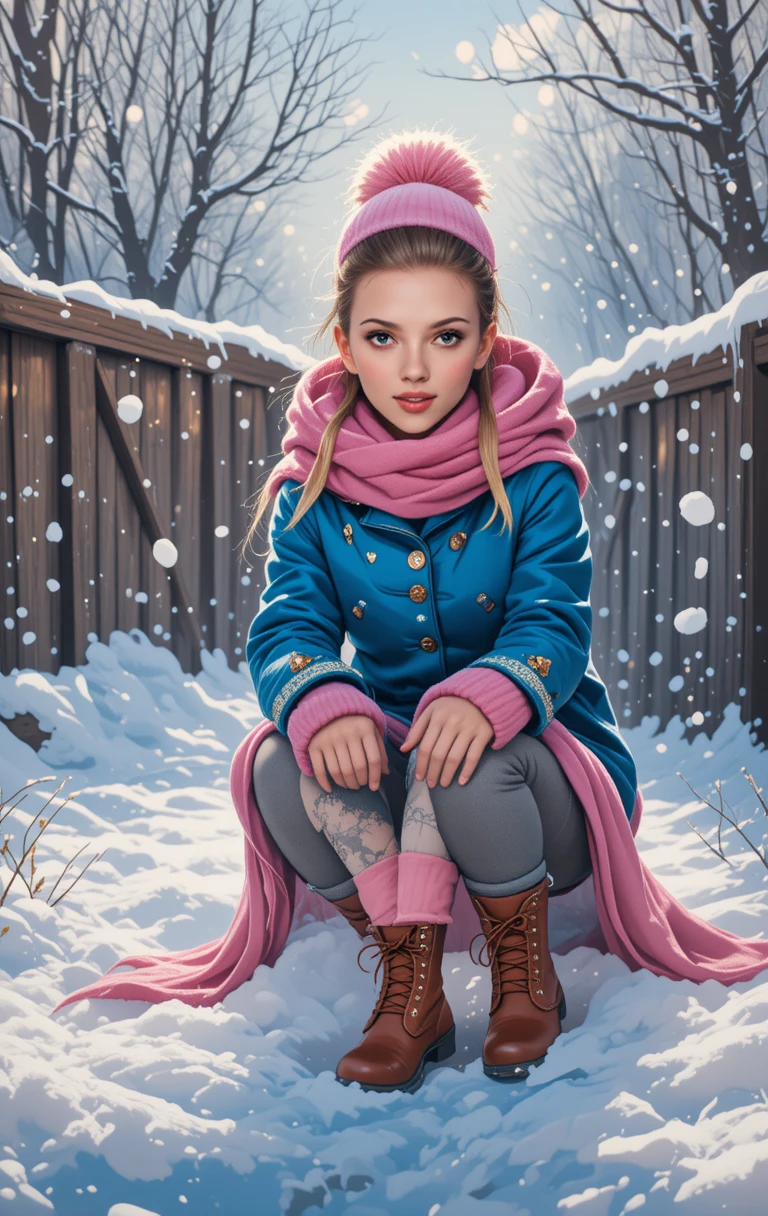 Smiling anime girl in a sunny winter landscape