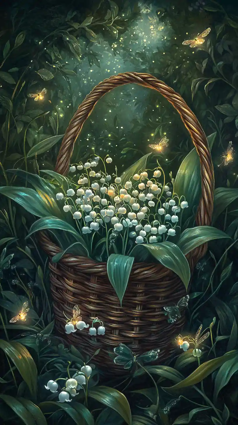 Basket Of Lily Of The Valley In Sunlit Green Garden