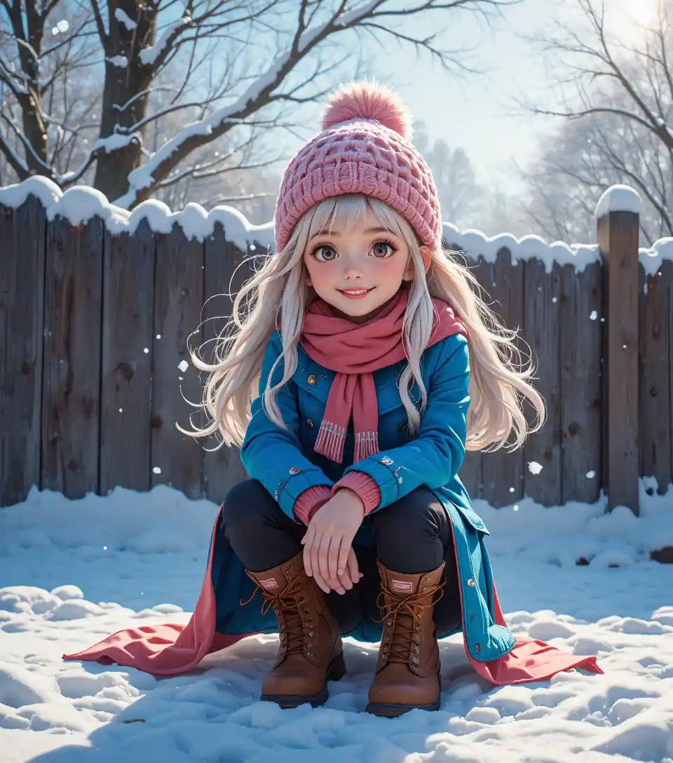 Smiling anime girl in a sunny winter landscape