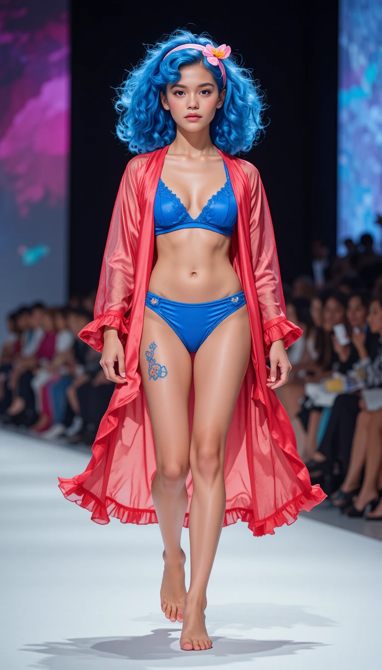 Young girl on summer runway in blue lingerie and robe