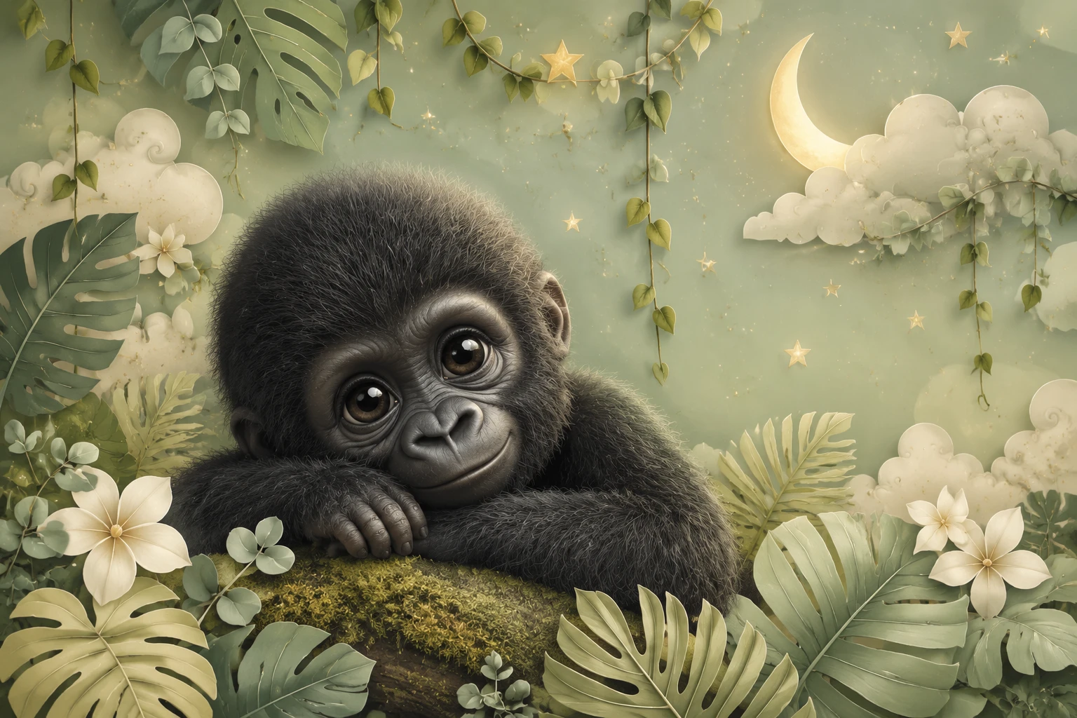 Cute baby gorilla with pastel jungle leaves illustration