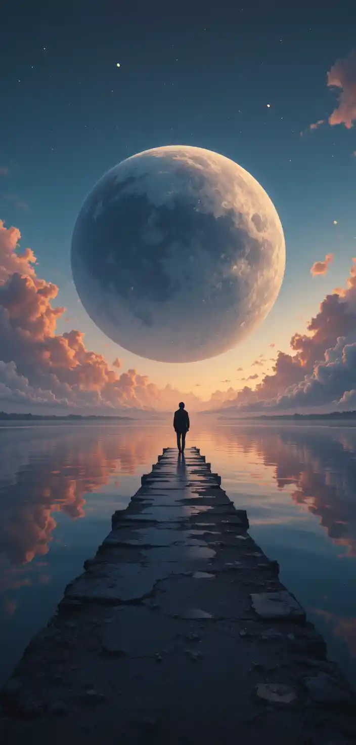 Lone figure walking a mirrored causeway at twilight