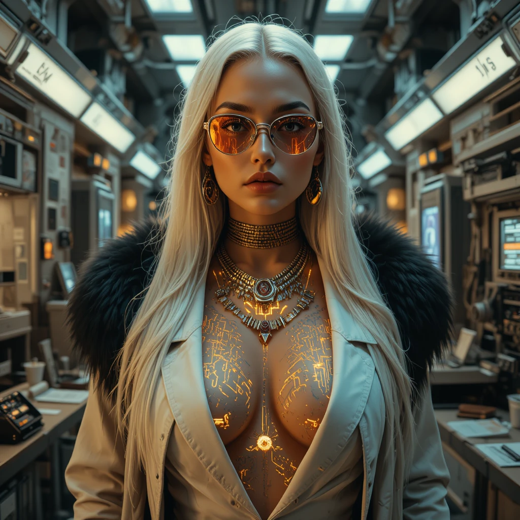 Intense cyberpunk woman in futuristic laboratory portrait