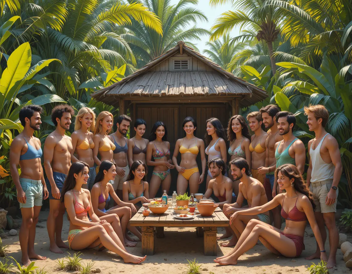 Diverse friends relaxing in a sunny tropical garden gathering