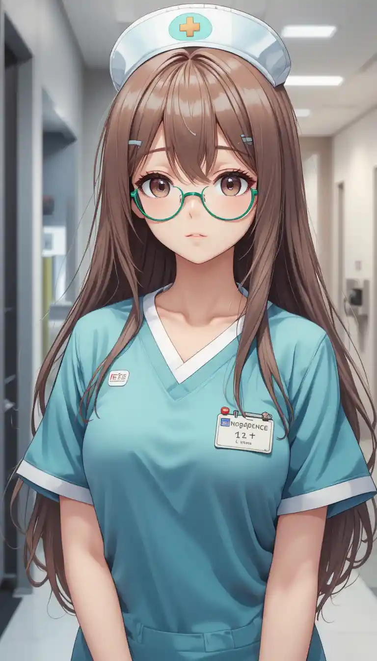 Anime nurse girl with glasses standing in a hospital