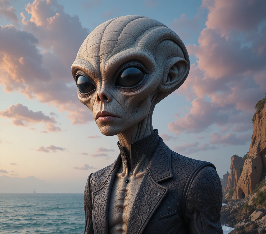 Cinematic close up of an aged humanoid alien under misty sky