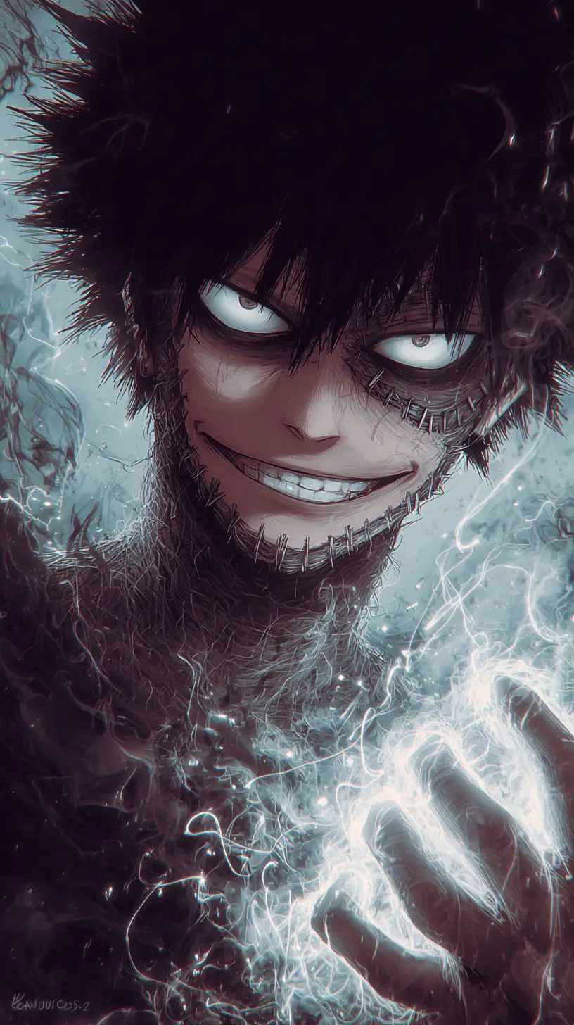 Sinister anime villain portrait with stapled scarred face