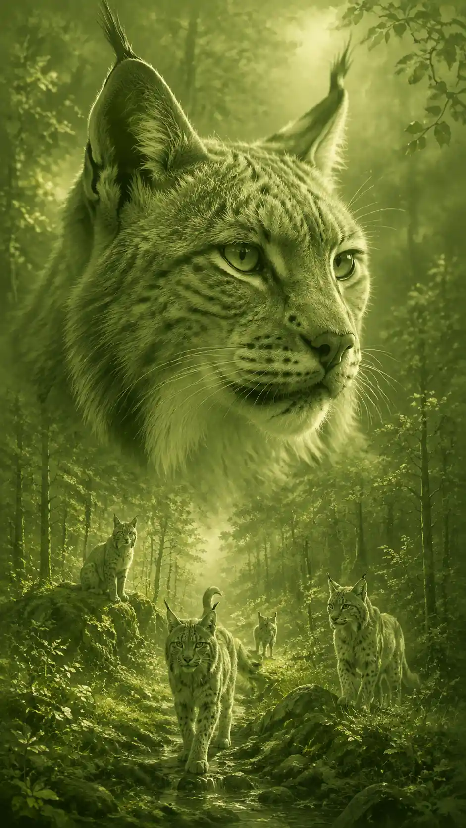 Majestic lynx portrait above lynxes in sunlit forest