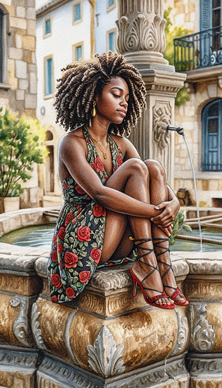 Young black woman by a stone fountain in colored pencil