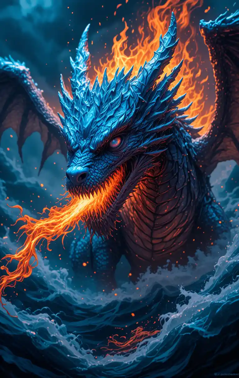 Blue fire dragon soaring above the ocean waters