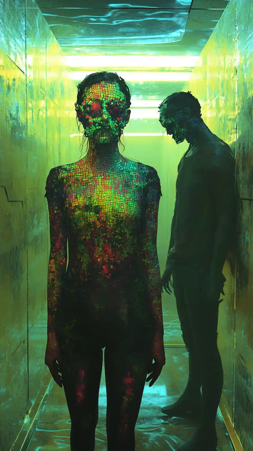 Masked woman in dim mirrored hallway with hidden face