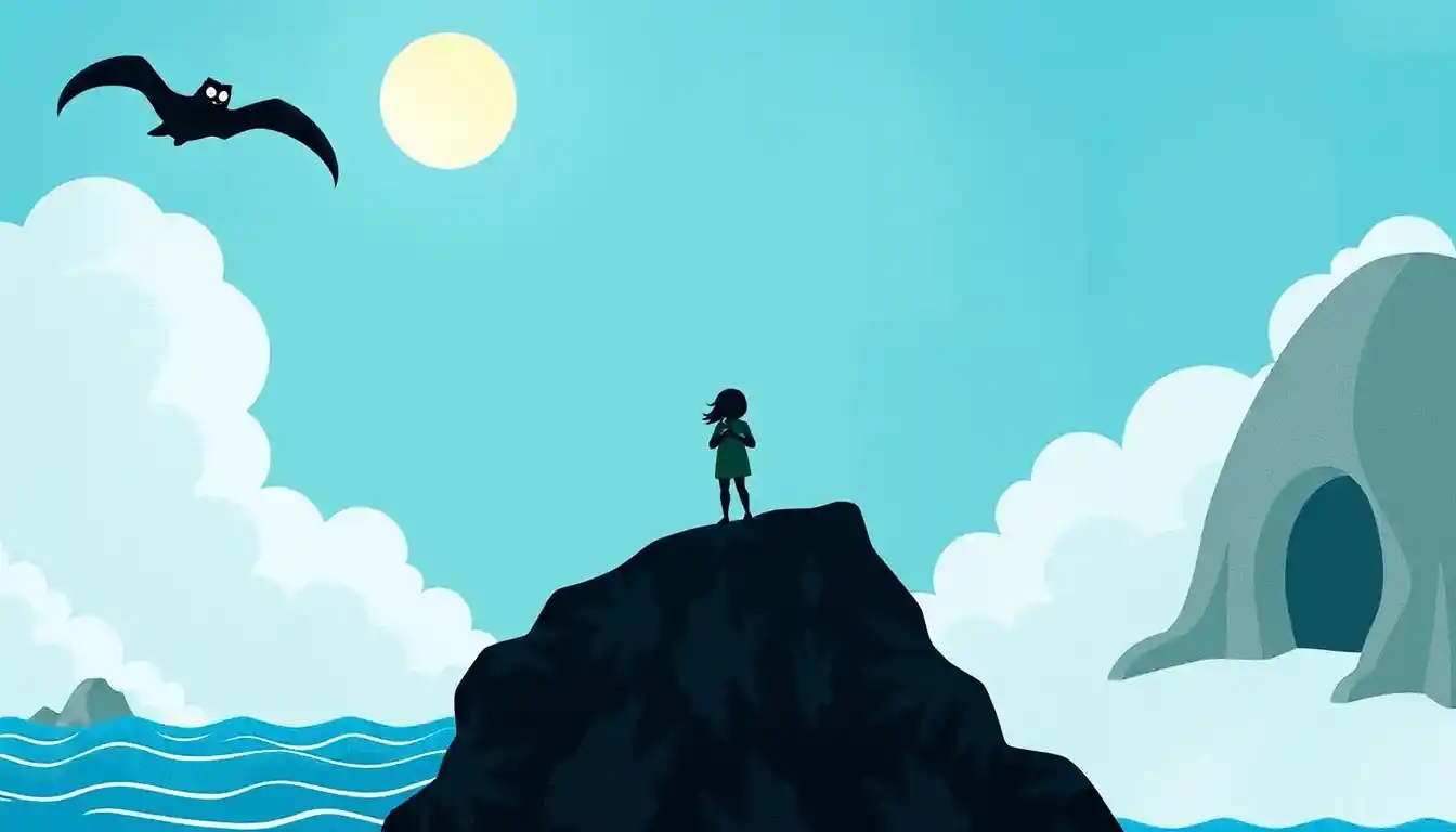 Child facing the dark in a mysterious fantasy scene
