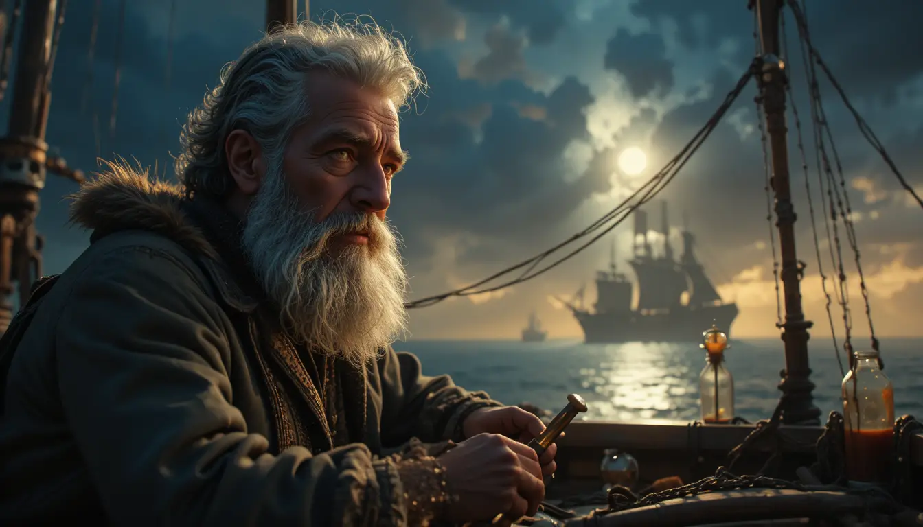 Old fisherman alone at sea seeking one last great catch
