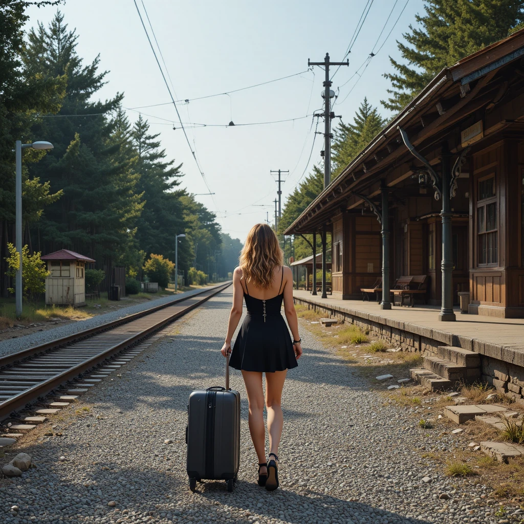 Woman in black dress walking from remote train station