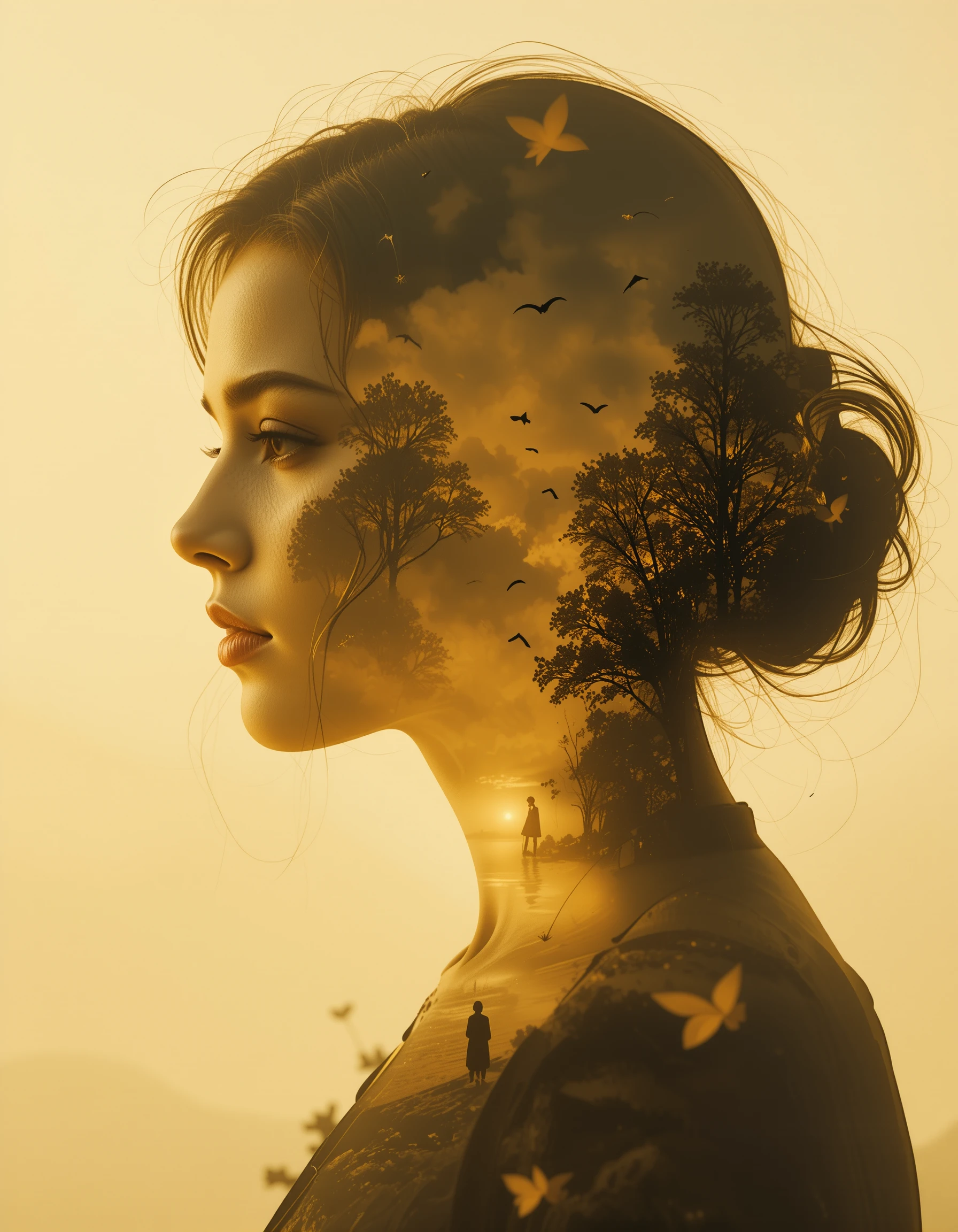Portrait en double exposition d’une femme avec paysage doré