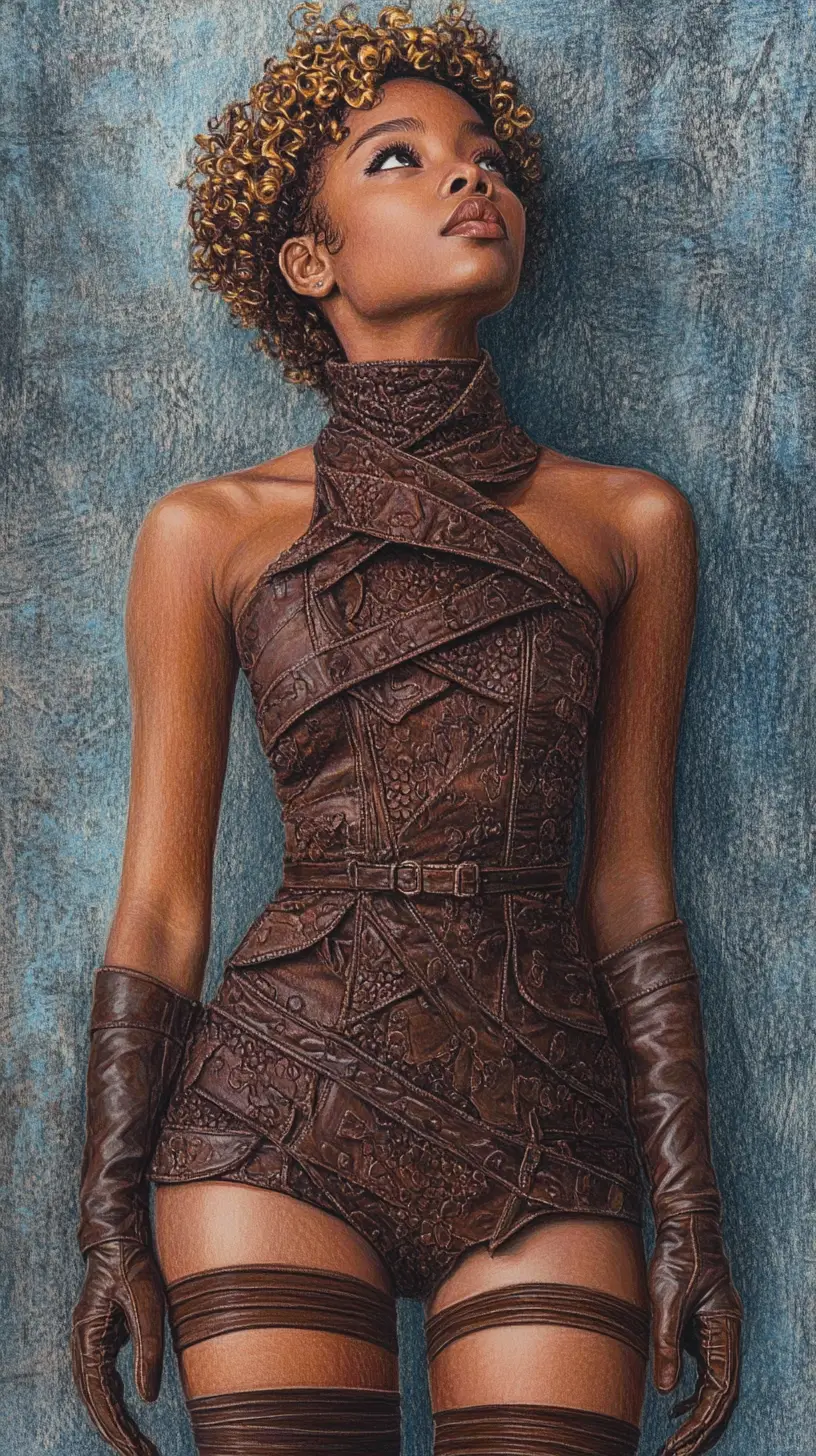 Confident young woman in brown leather dress illustration