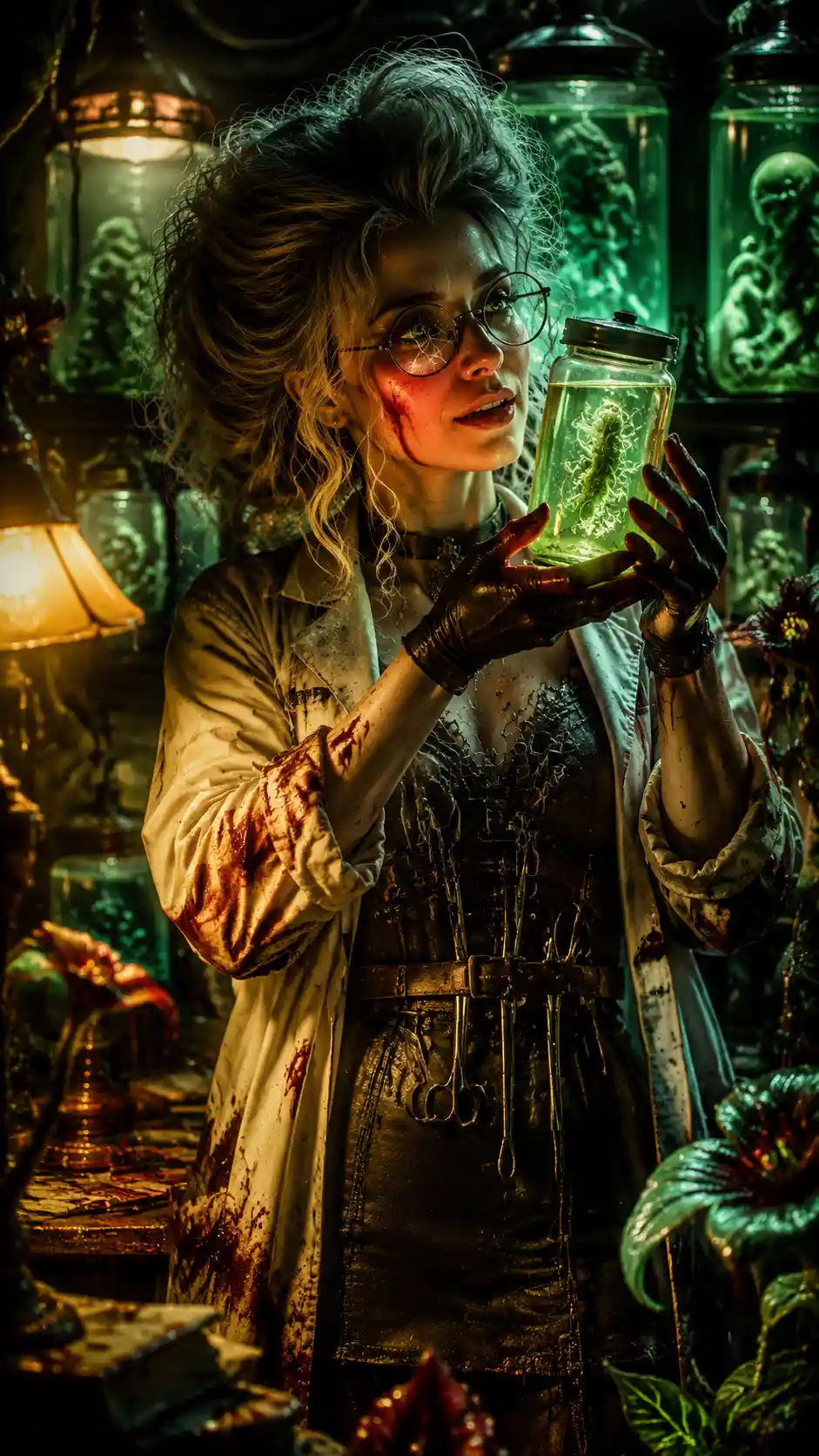 Mad scientist woman in a glowing monster laboratory