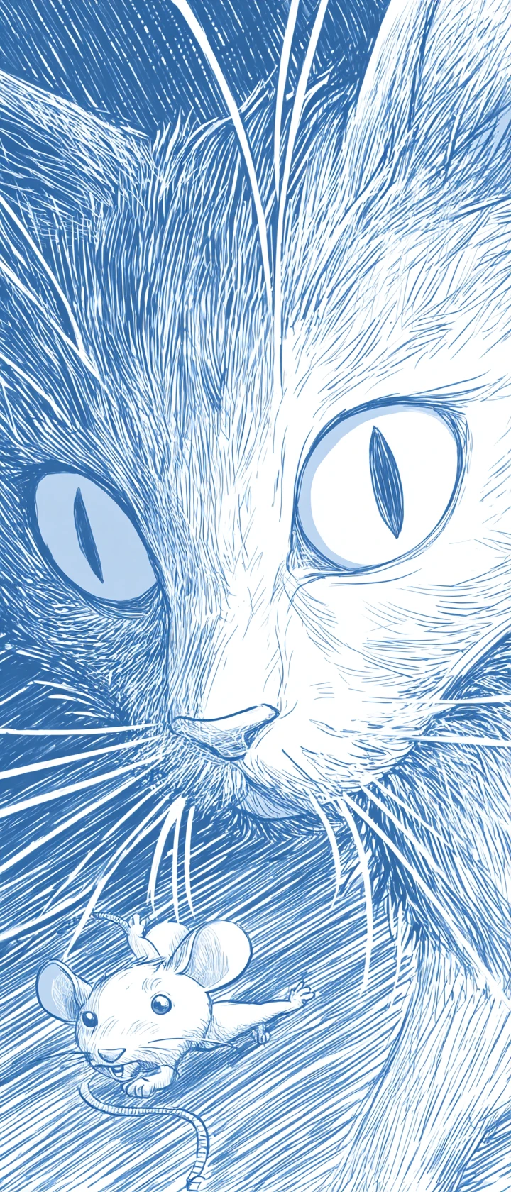 Dynamic manga sketch of a cat chasing a fleeing mouse