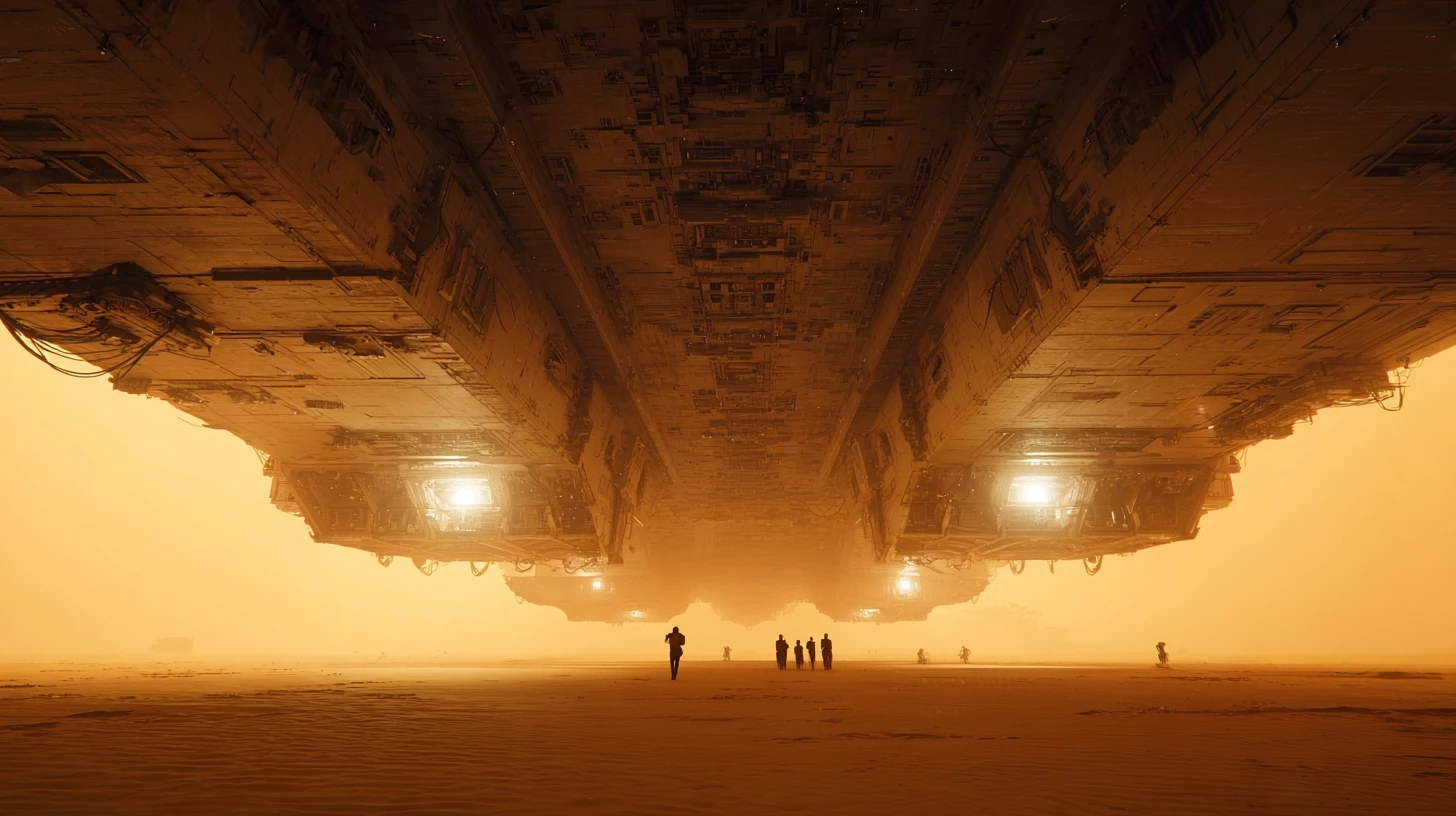 Colossal Imperial Starship Over Desert Planet With Tiny Figures