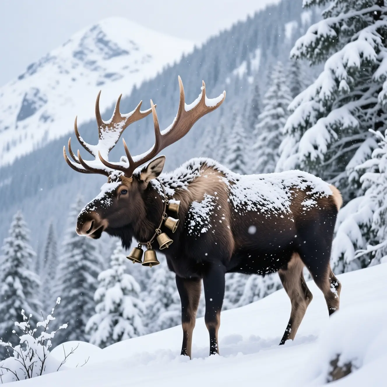 Bull moose standing in heavy snowfall on a snowy mountainside
