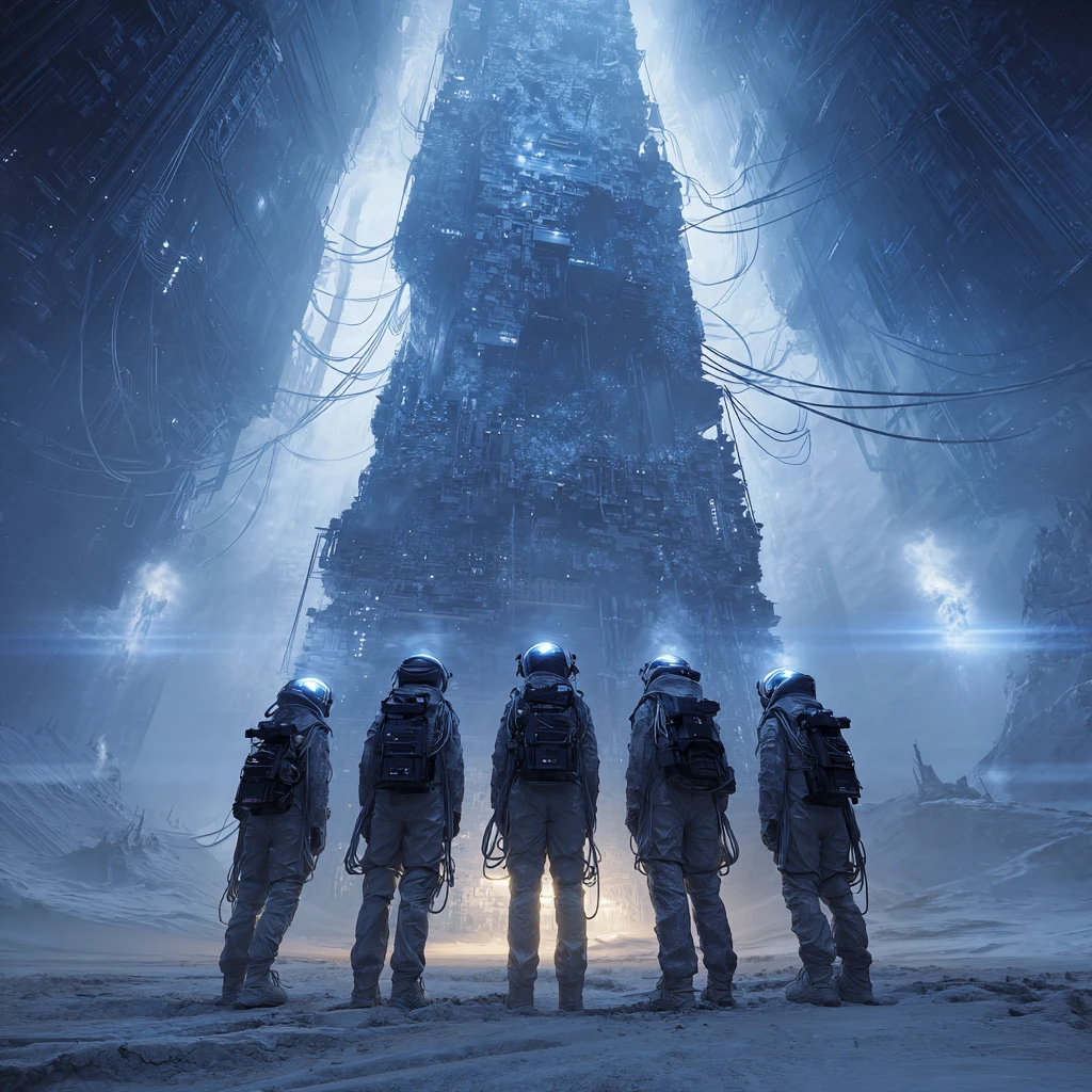 Pilgrims Linked To A Frozen Industrial Server Monolith