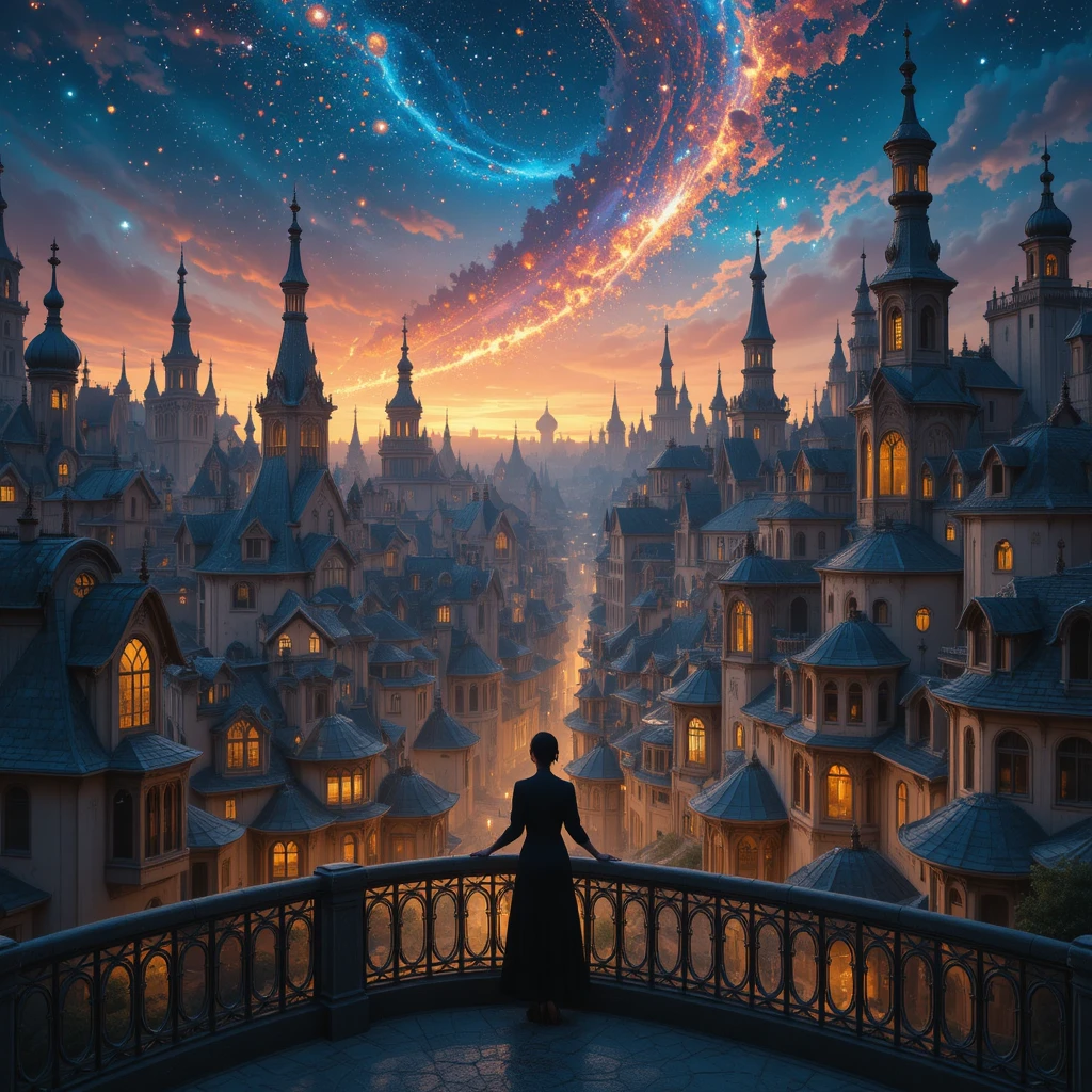 Woman on balcony above whimsical city at twilight