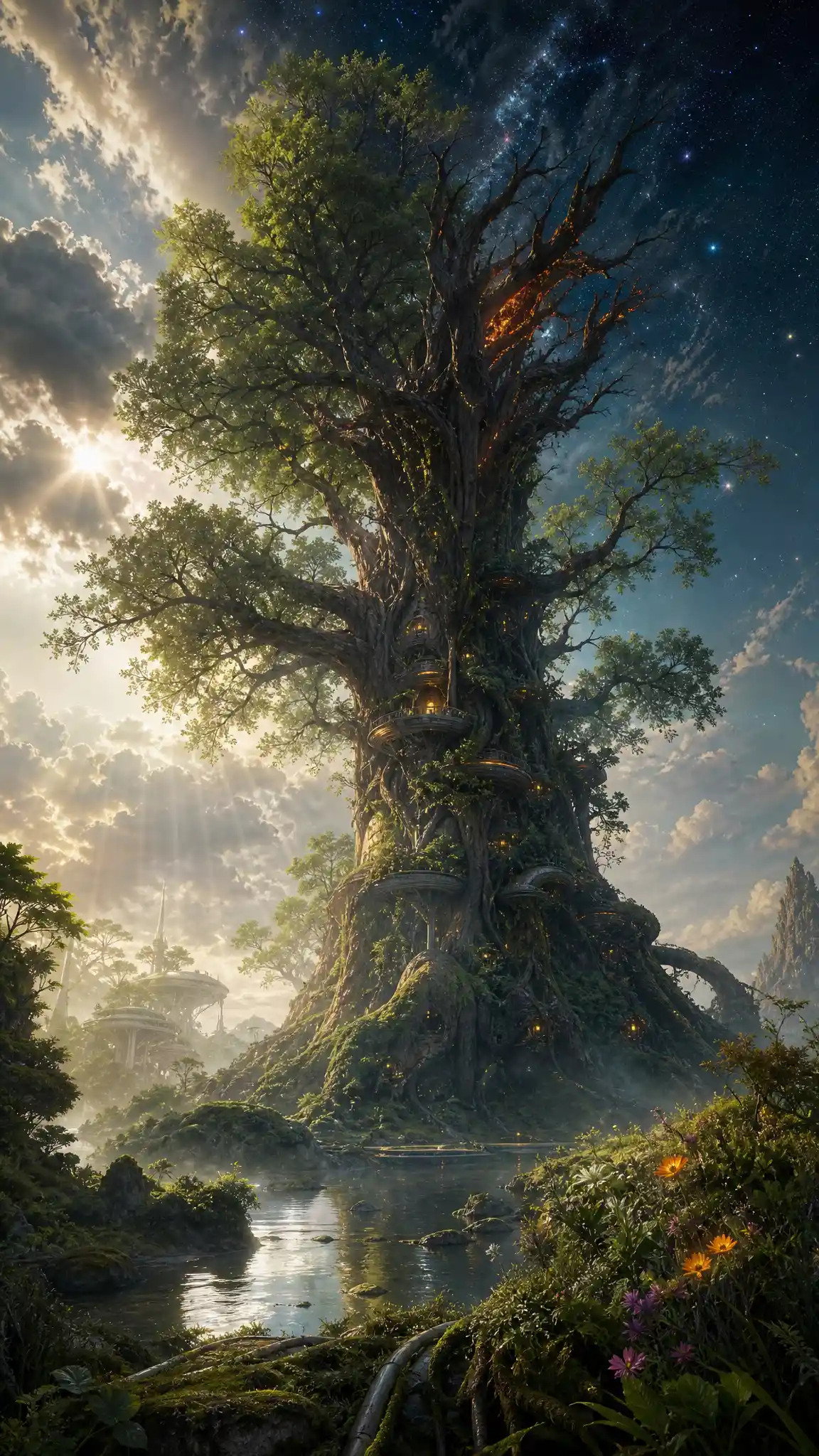 Giant magical tree towering over a lush fantasy river