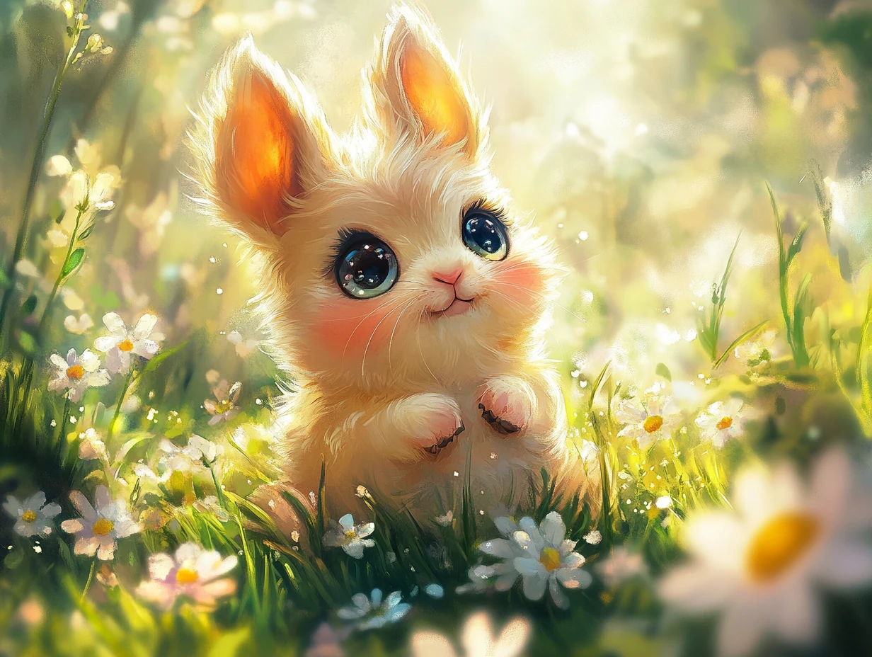 Cute baby animal sitting in a sunny flower meadow