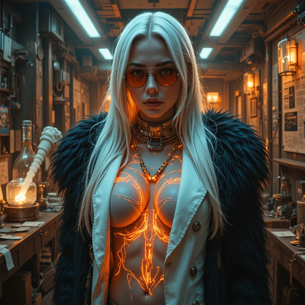 Cyberpunk femme fatale in a decaying biotech laboratory