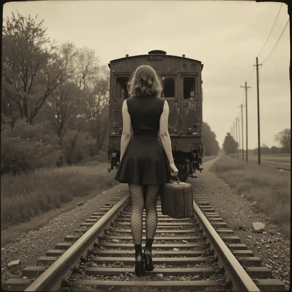 Lonely woman in vintage dress on rural railway tracks