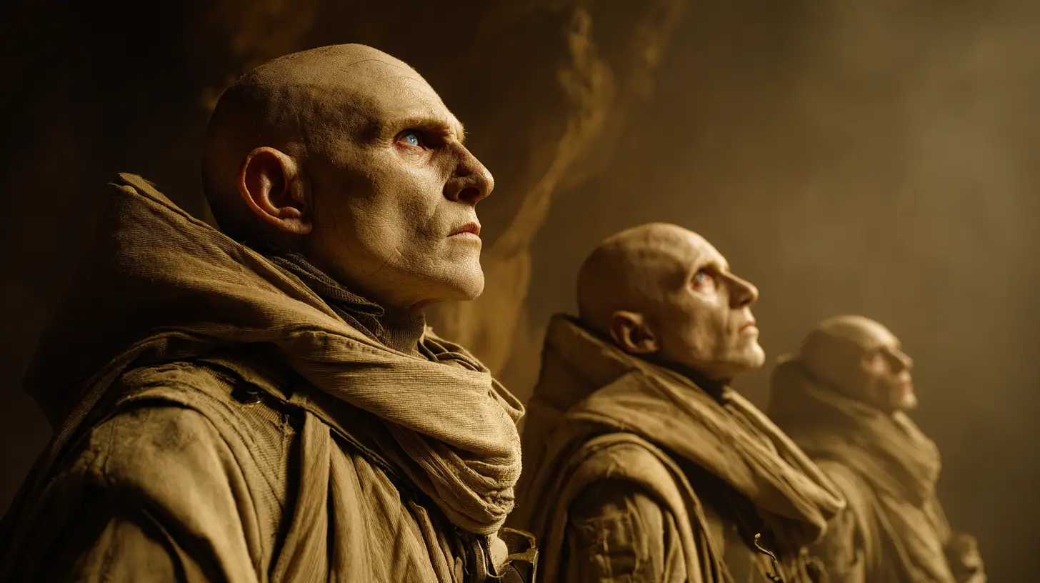 Three ascetic cave guardians before an ancient echoing cube