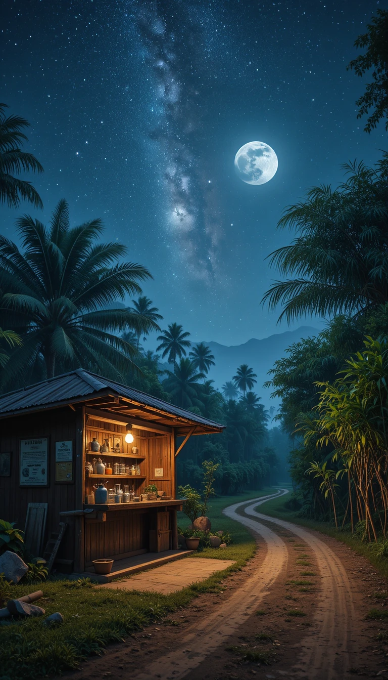 Rustic village tea stall glowing softly under the night sky