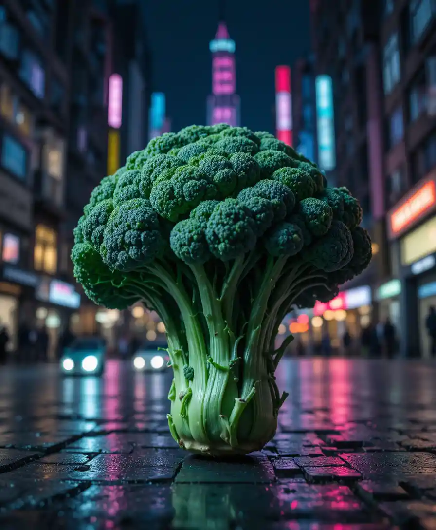 Surreal close up broccoli figure in neon city night